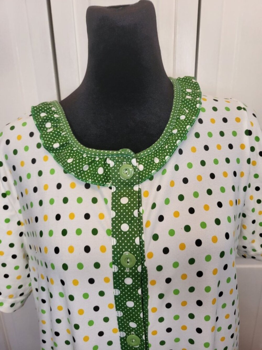 S Christina Yellow Green Polka Dot Floral Button Up House Dress Robe L Trad Wife - Picture 3 of 10